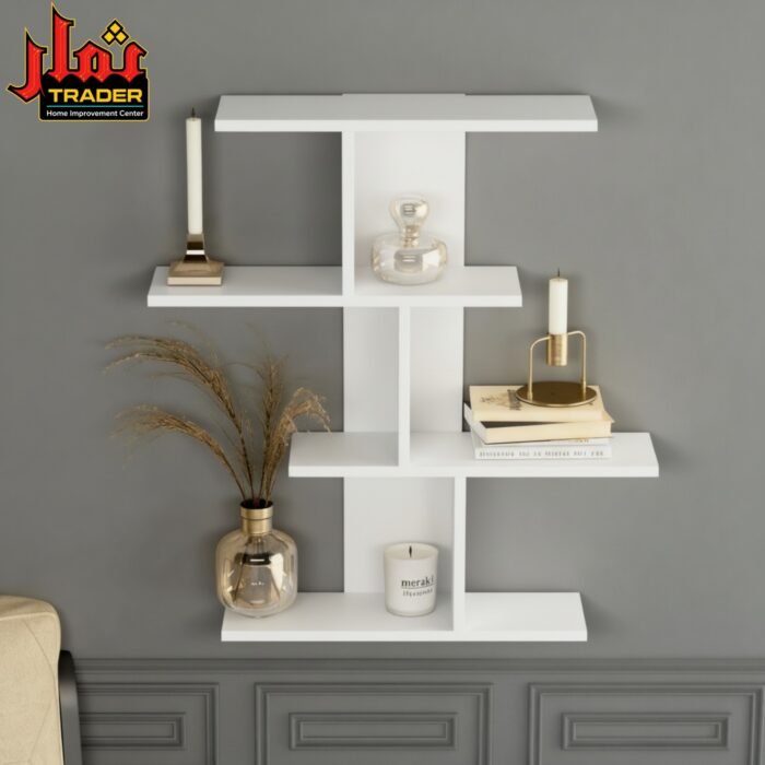 Modern White Wooden Wall Shelf with Geometric Design | Floating Display Rack & Decorative Wall Shelf Pakistan