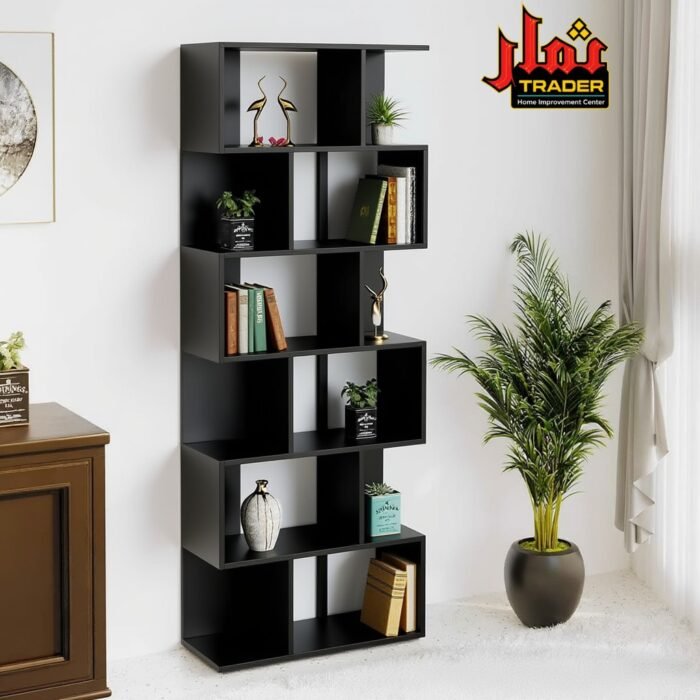 Modern Black Wooden Display Shelf with Multiple Open Compartments | Tall Decor & Storage Stand Pakistan