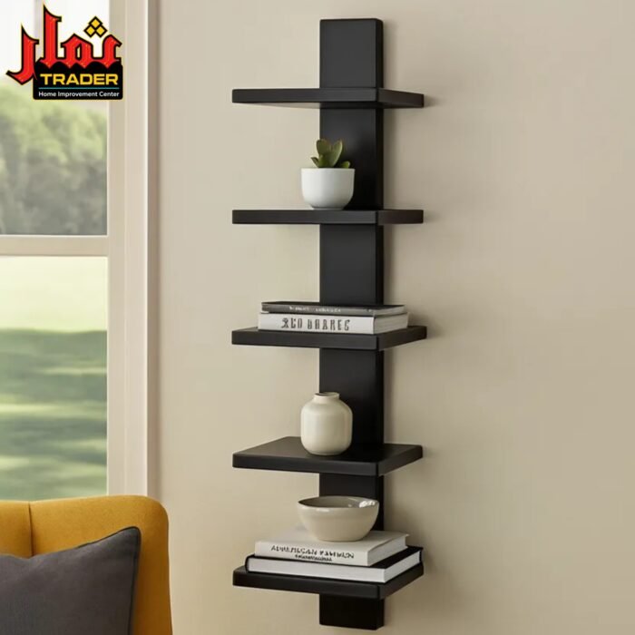 Modern Black Wall Shelves with Vertical Storage | Decorative Floating Wall Rack