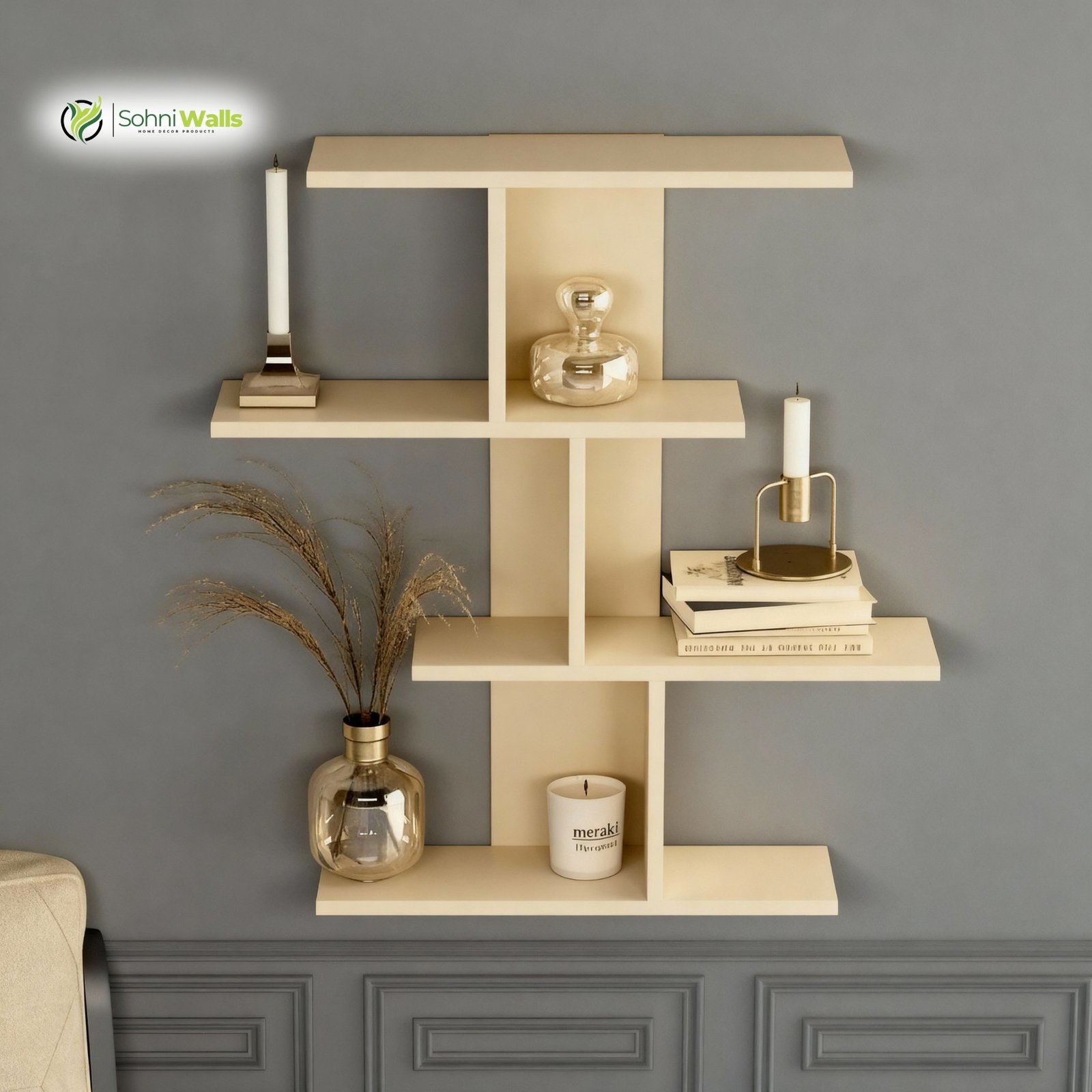 Modern White & Beige Wall Shelves with Geometric Design | Decorative Wall Rack - Image 2