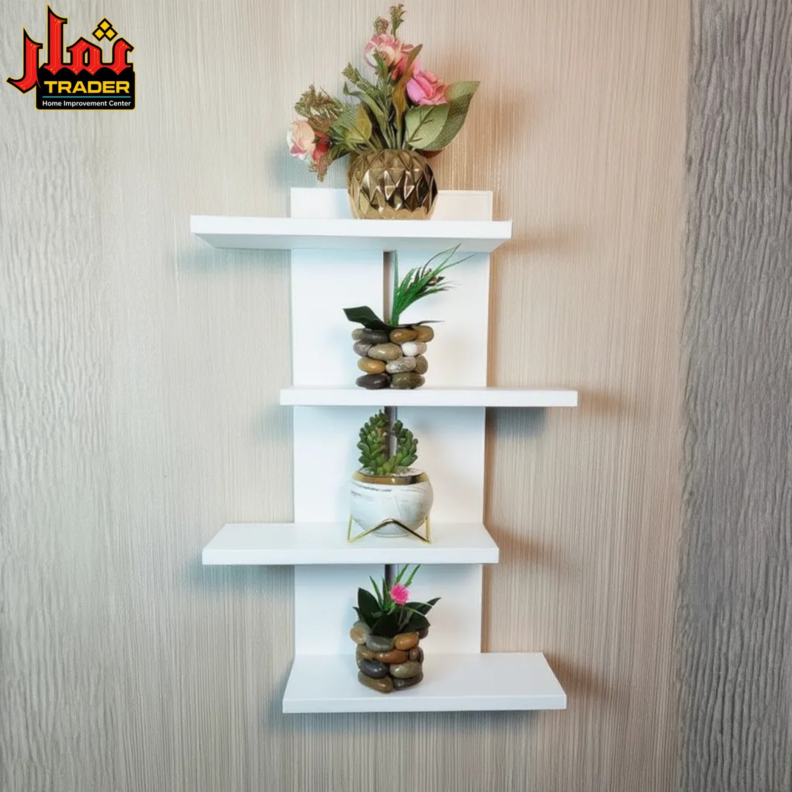 Modern White Wooden Wall Shelf with Geometric Design | Floating Display Rack & Decorative Wall Shelf Pakistan - Image 3