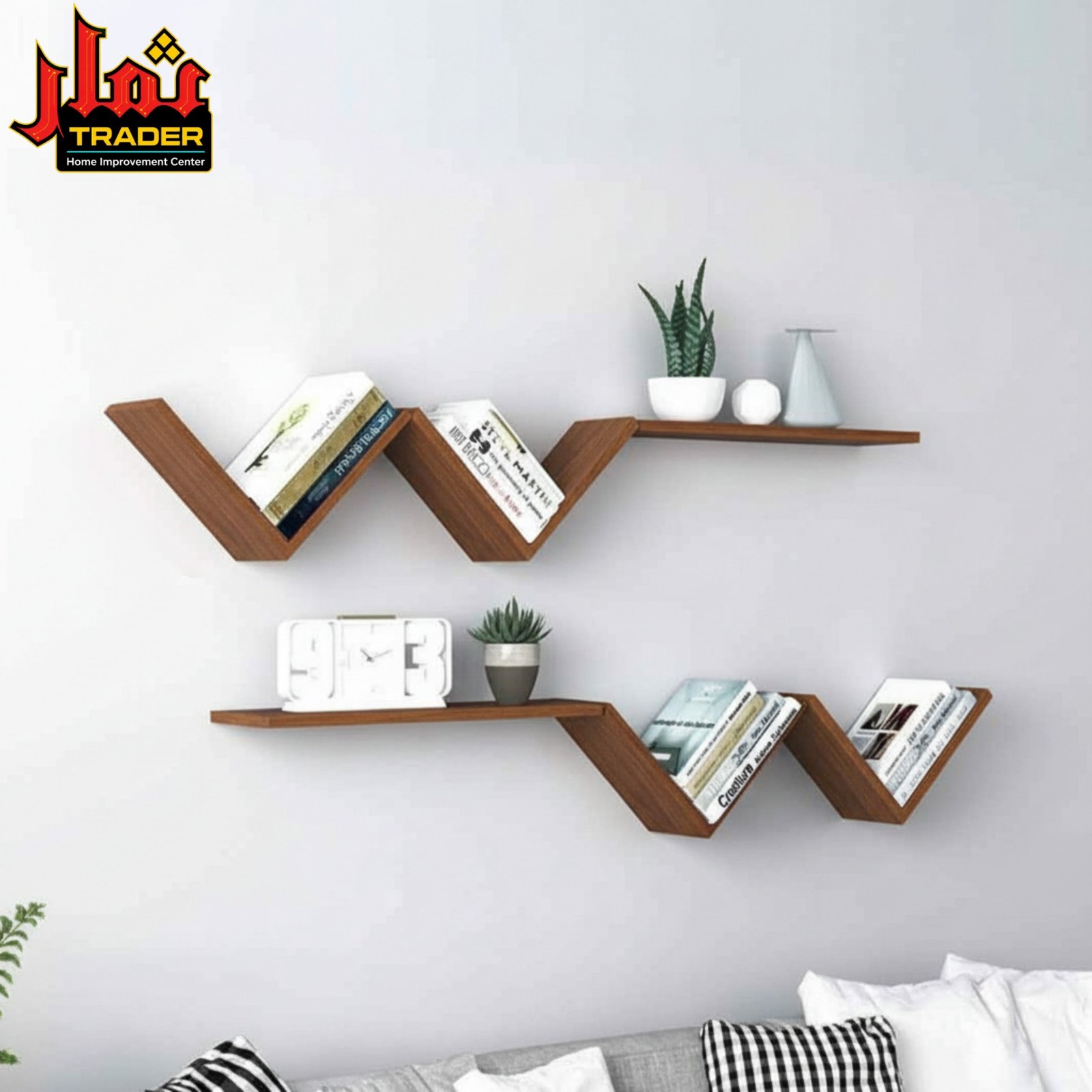 Modern Wooden Wall Mounted Bookshelf with Zig Zag Design | Floating Display Shelf & Book Rack Pakistan