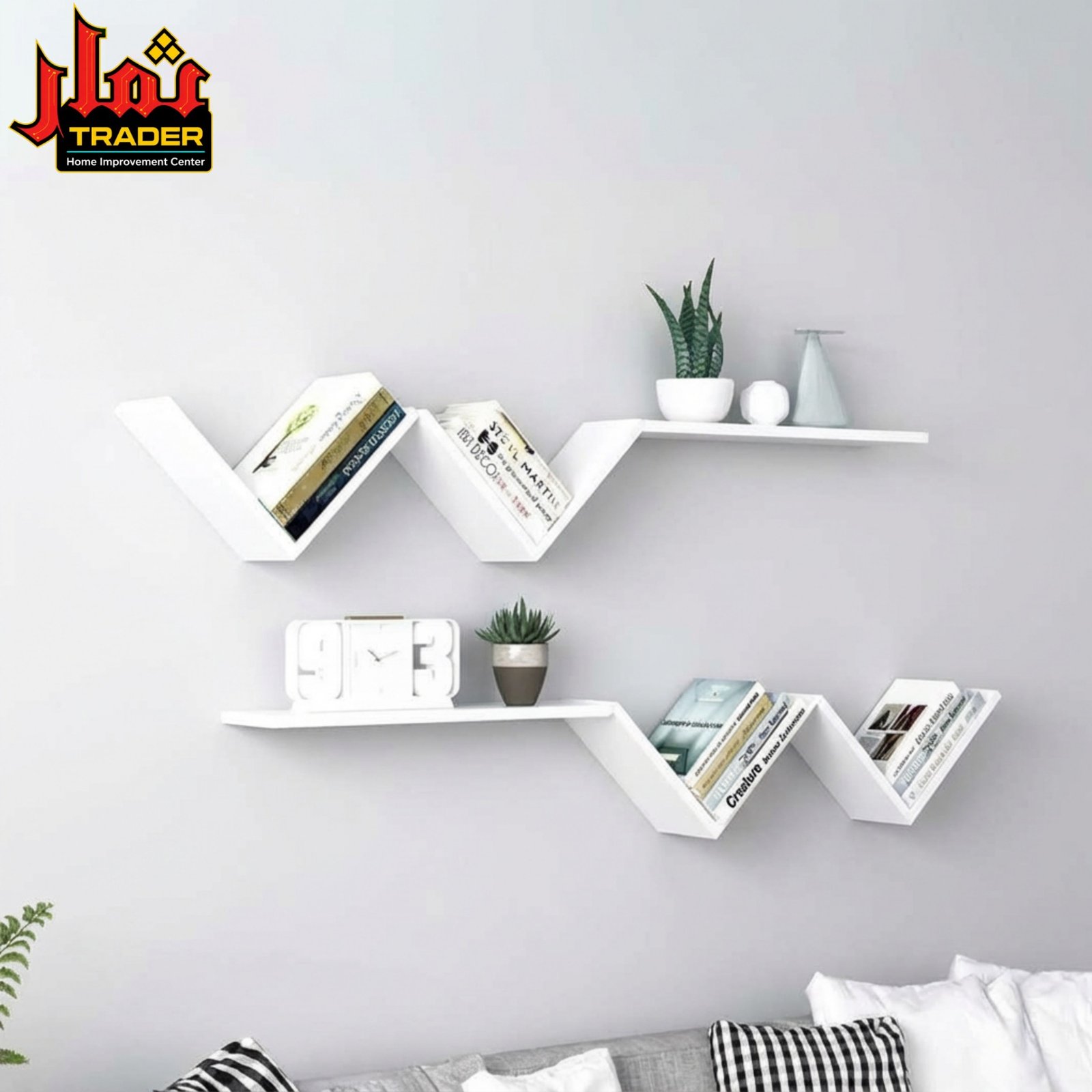 Modern Wooden Wall Mounted Bookshelf with Zig Zag Design | Floating Display Shelf & Book Rack Pakistan - Image 3