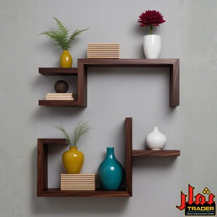 Modern Wooden Wall Shelves with Geometric Storage Design | Floating Display Rack & Decorative Wall Shelf Pakistan