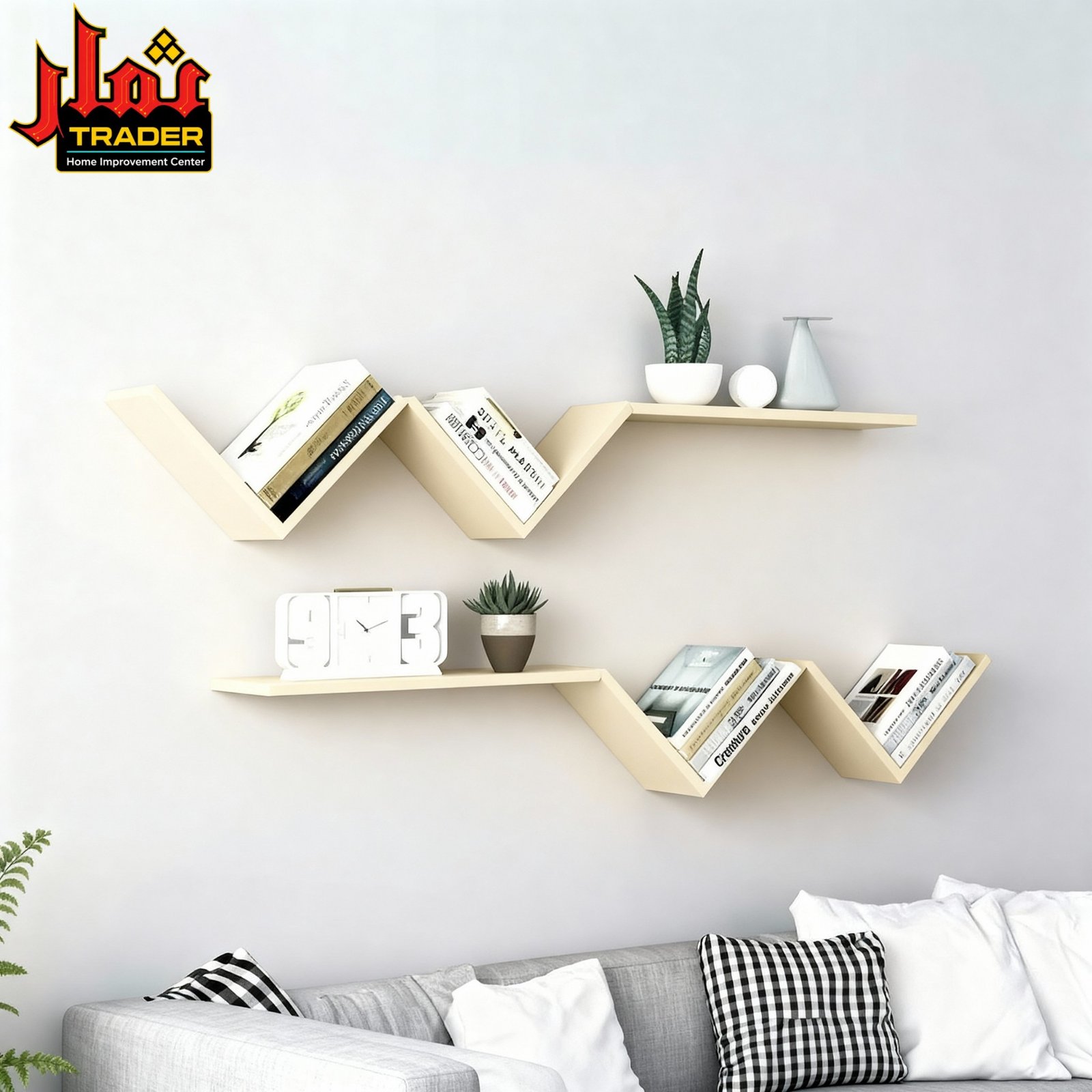 Modern Wooden Wall Mounted Bookshelf with Zig Zag Design | Floating Display Shelf & Book Rack Pakistan - Image 2