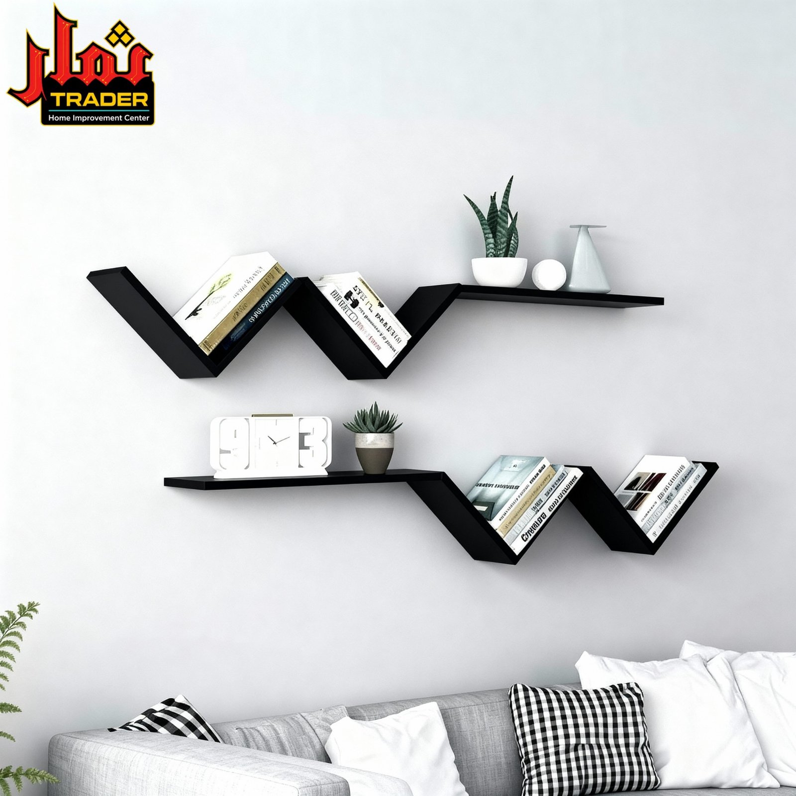 Modern Wooden Wall Mounted Bookshelf with Zig Zag Design | Floating Display Shelf & Book Rack Pakistan - Image 4