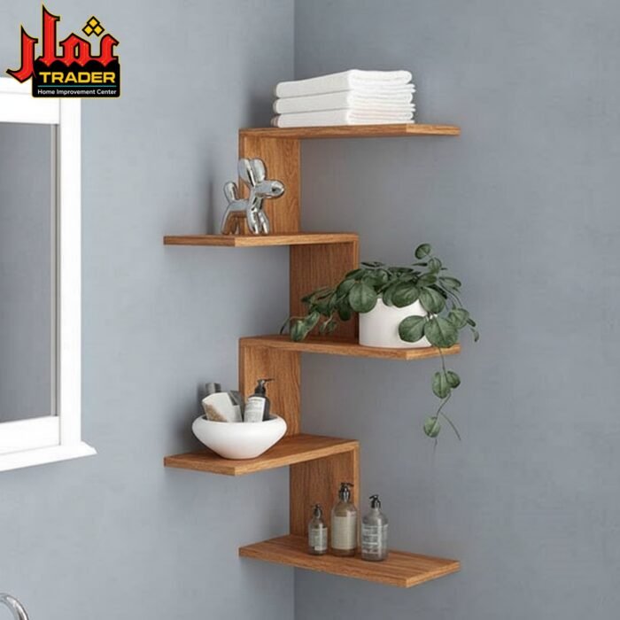 Modern Wooden Zig Zag Wall Shelf with 5-Tier Open Storage | Floating Display Shelf & Wall Rack Pakistan