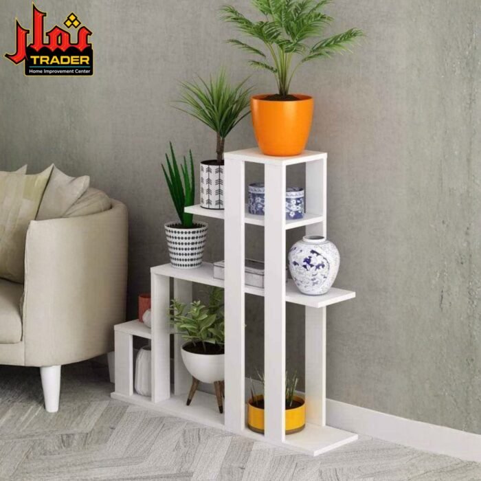 Modern White Wooden Plant Stand with Multiple Open Shelves | Tall Flower Pot & Decor Display Stand Pakistan