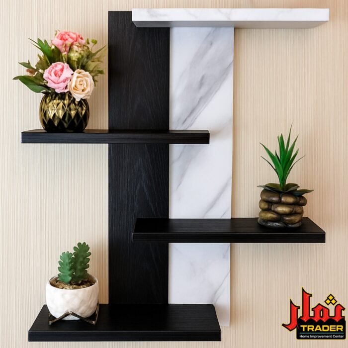 Modern Black & White Wall Rack with Shelves | Decorative Wall Display Rack