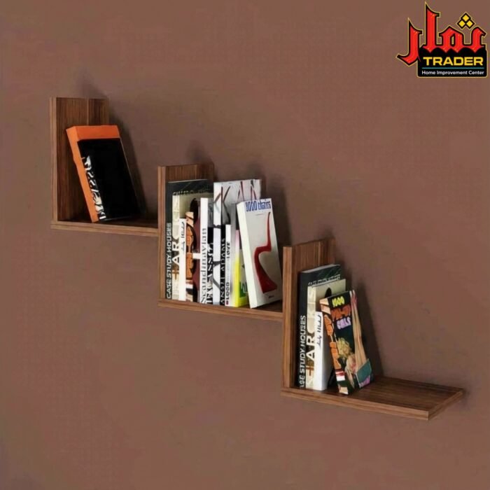 Modern Wooden Wall Mounted Bookshelf with 3-Tier Storage Design | Floating Book Display Rack & Decorative Wall Shelf Pakistan