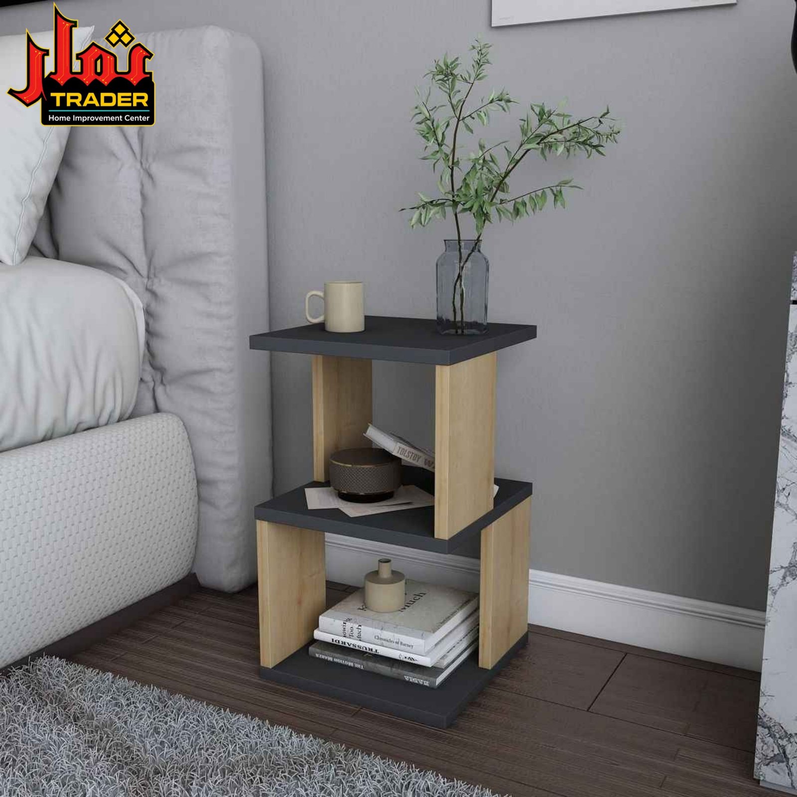 Modern Wooden Side Table with 2 Open Storage Shelves | Bedside Nightstand & Sofa End Table Pakistan