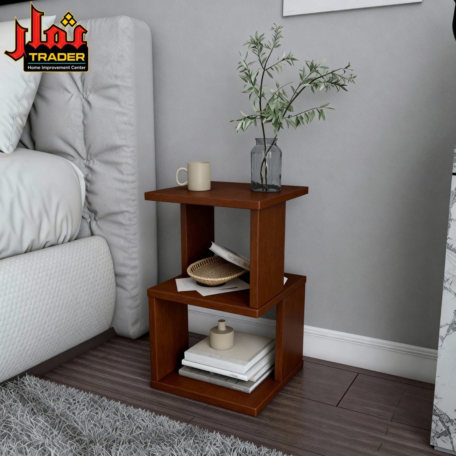 Modern Wooden Side Table with 2 Open Storage Shelves | Bedside Nightstand & Sofa End Table Pakistan - Image 4