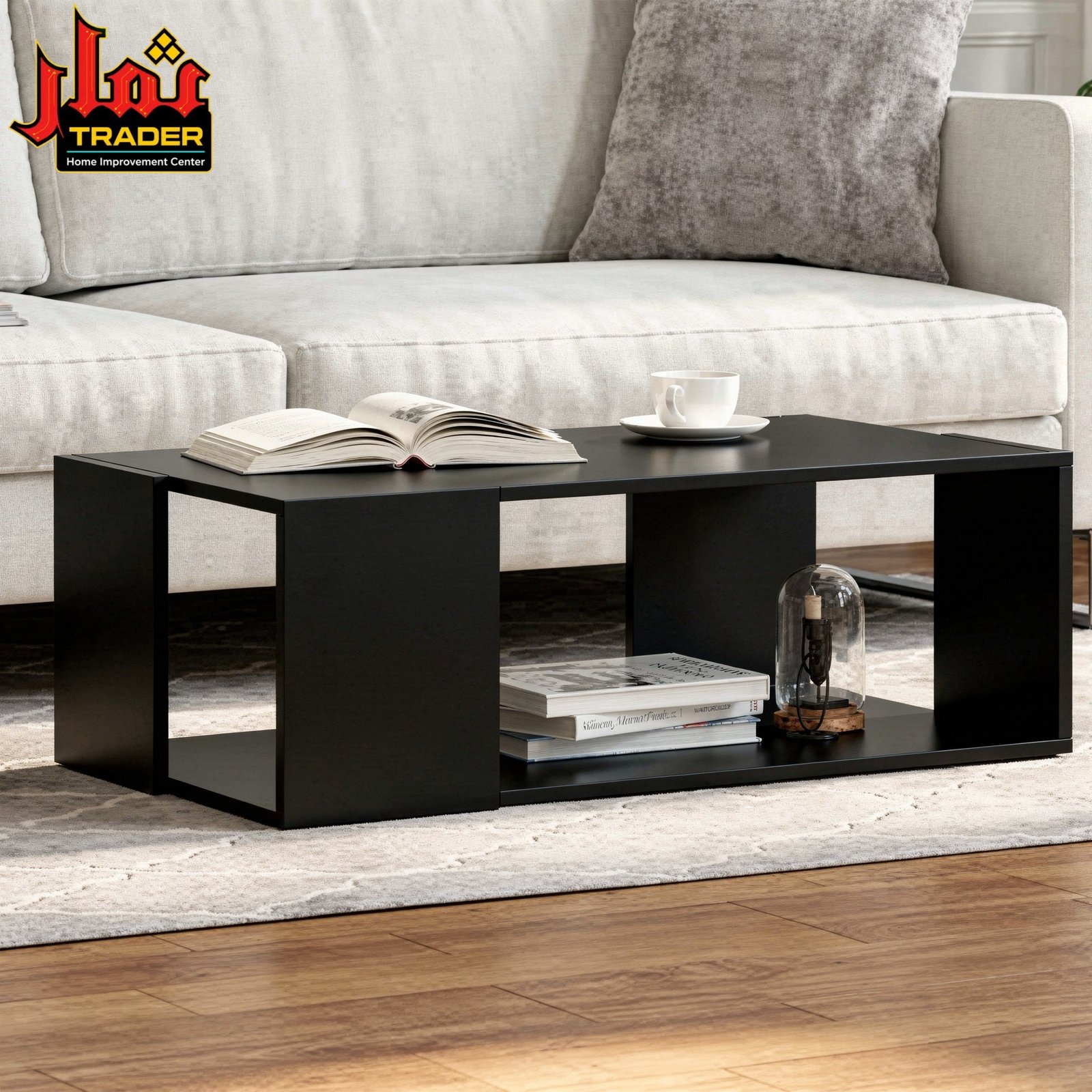 Modern Black Coffee Table with Open Storage Shelf | Living Room Center Table Pakistan - Image 2