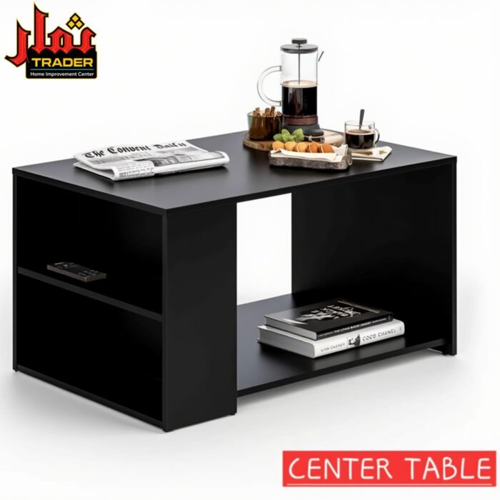 Modern Wooden Coffee Table with Open Storage Shelves | Black Frame Center Table Pakistan