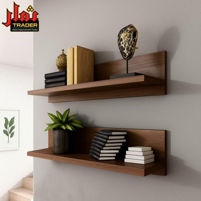 Modern Brown Wooden Wall Shelves with Back Panel | Floating Wall Rack for Home & Office