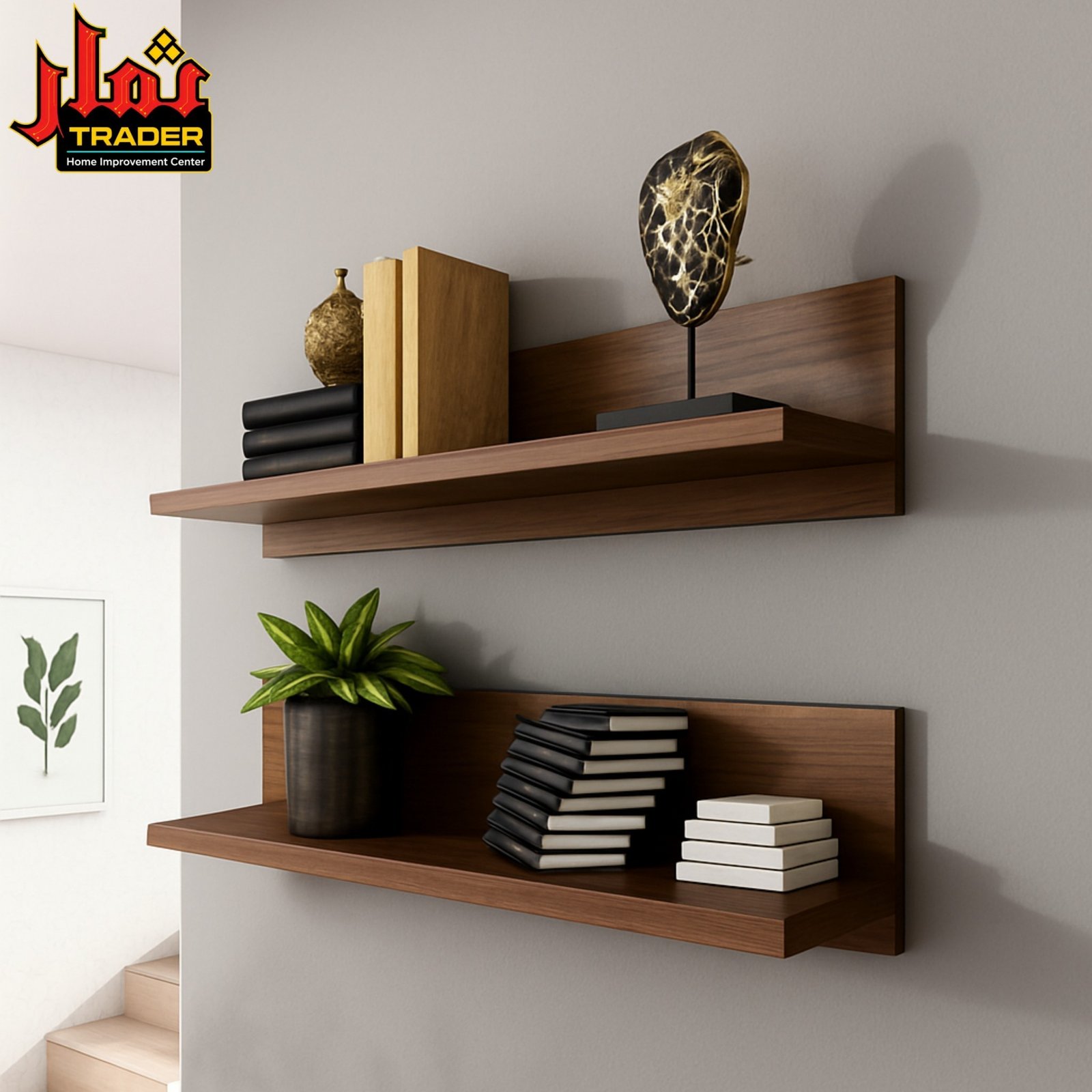 Modern Brown Wooden Wall Shelves with Back Panel | Floating Wall Rack for Home & Office
