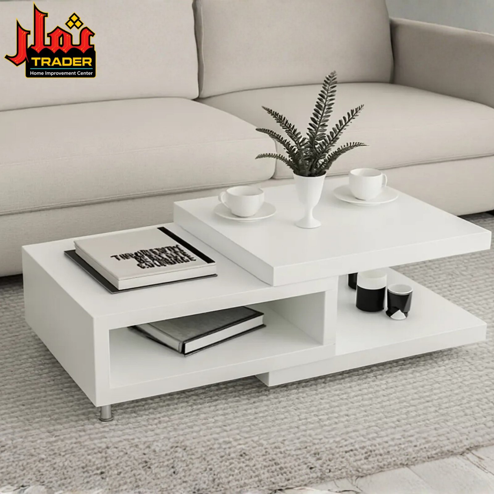 Modern Beige Coffee Table with Open Storage Shelf | Living Room Center Table Pakistan - Image 4