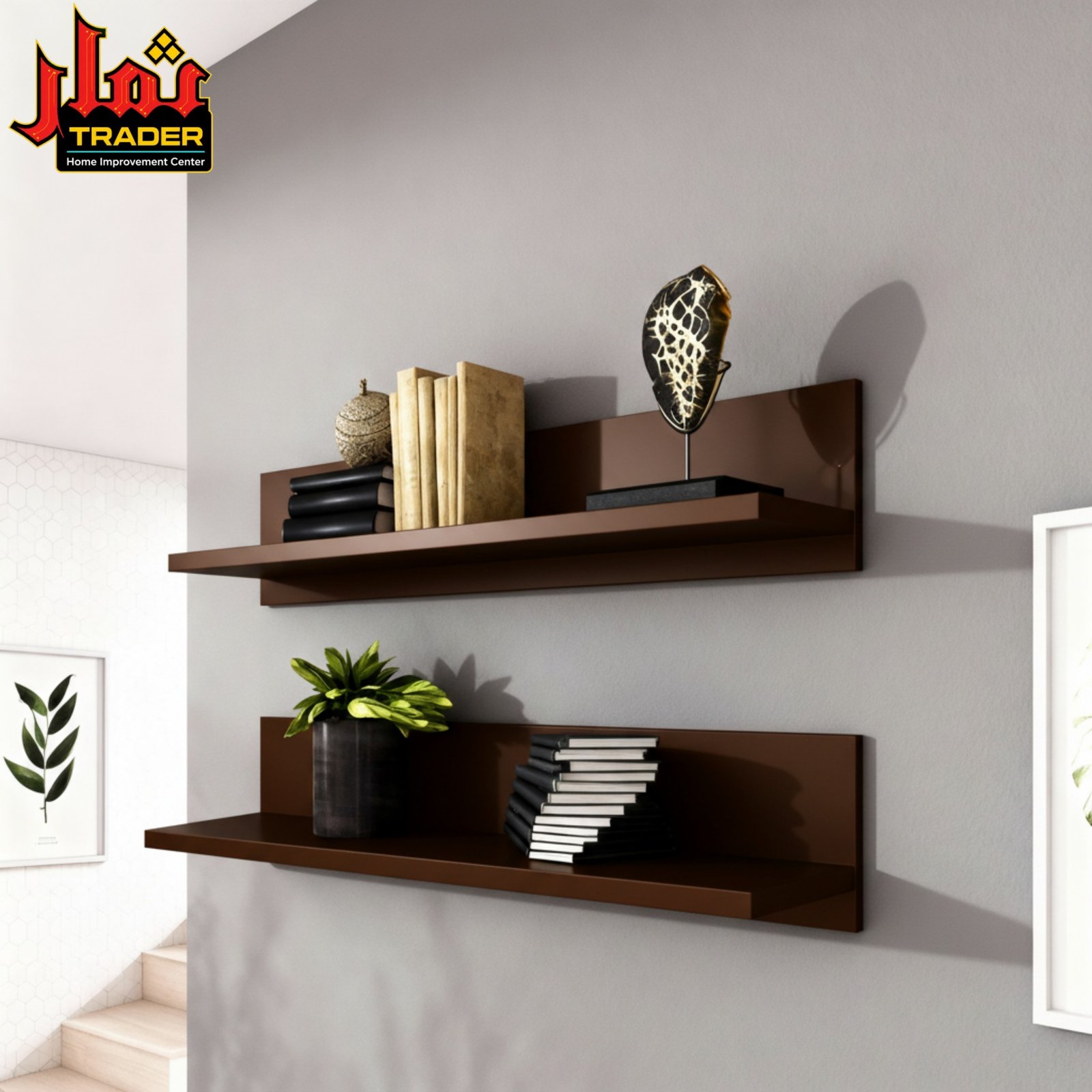 Modern Brown Wooden Wall Shelves with Back Panel | Floating Wall Rack for Home & Office - Image 3