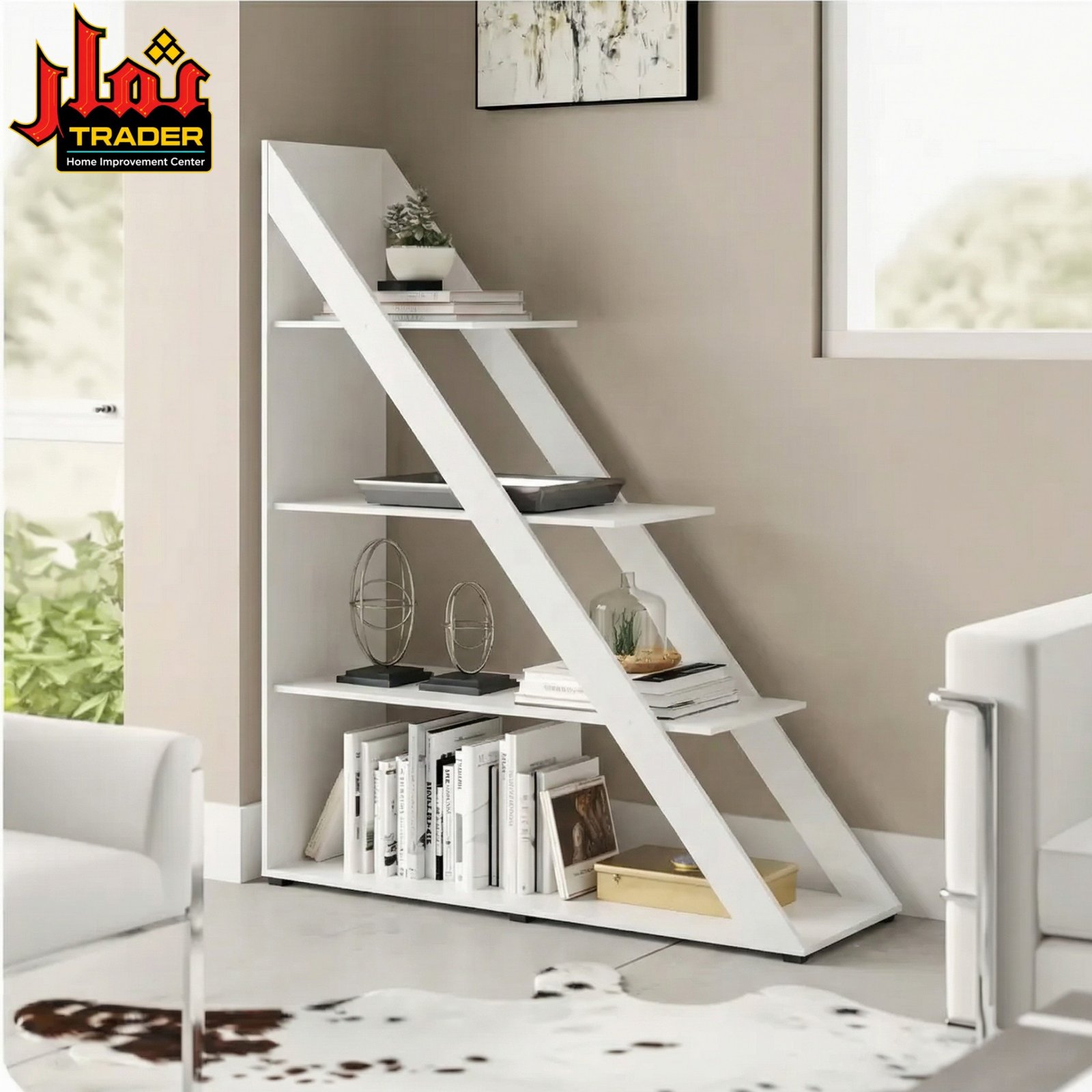 Modern White Bookshelf | Ladder Style Decorative Display & Storage Rack