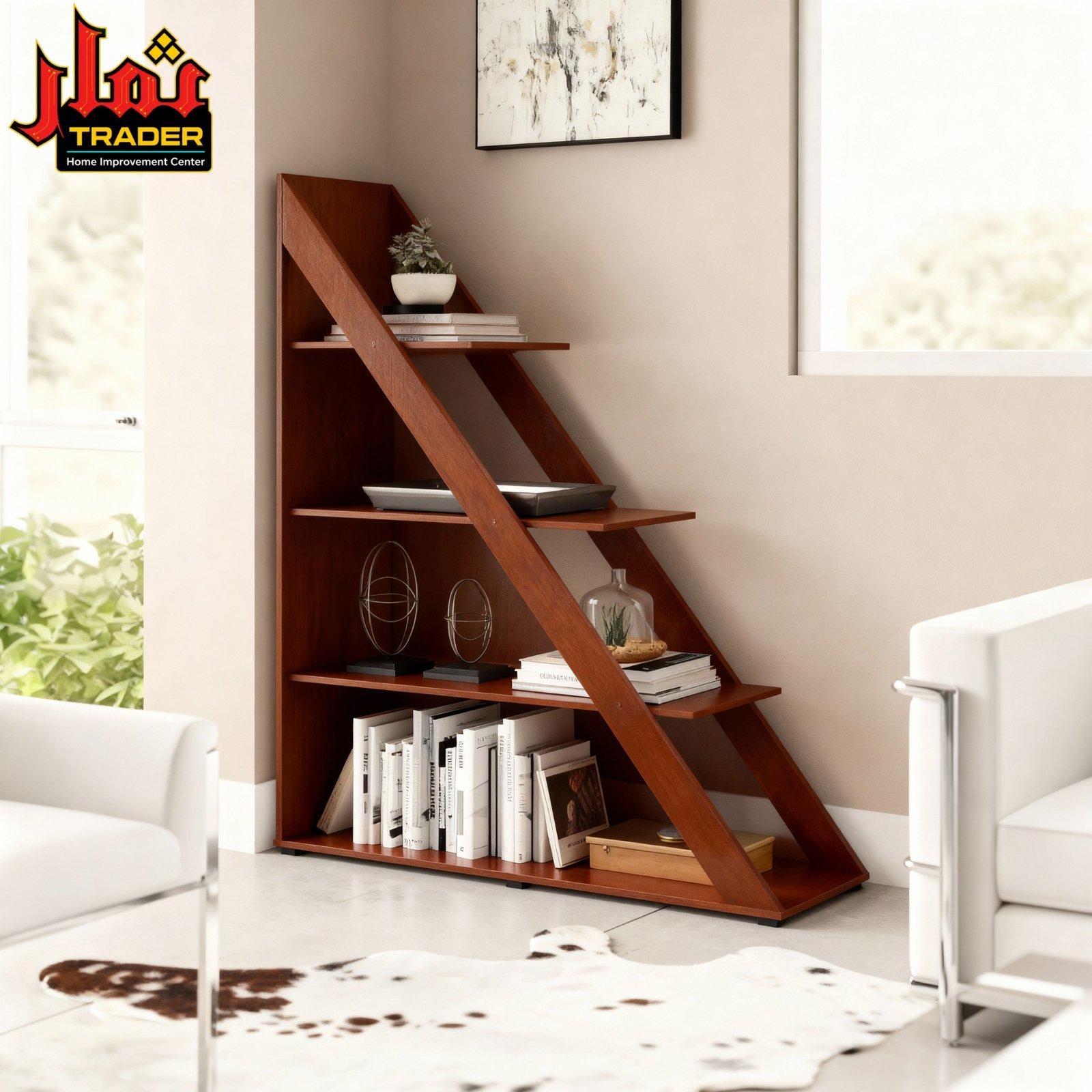Modern White Bookshelf | Ladder Style Decorative Display & Storage Rack - Image 3
