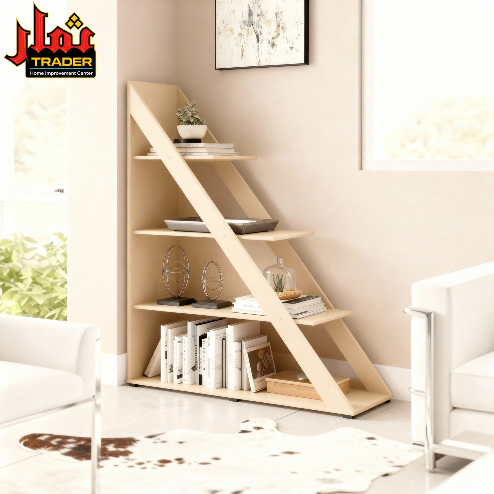 Modern White Bookshelf | Ladder Style Decorative Display & Storage Rack - Image 4