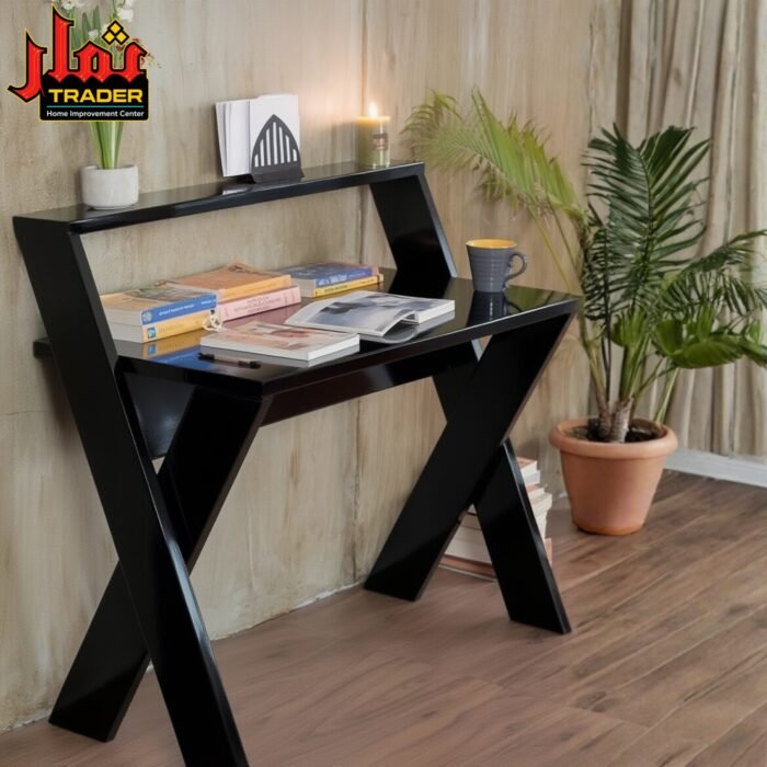 Rustic Wooden Study Table with Upper Shelf | Modern Writing Desk & Home Office Table Pakistan