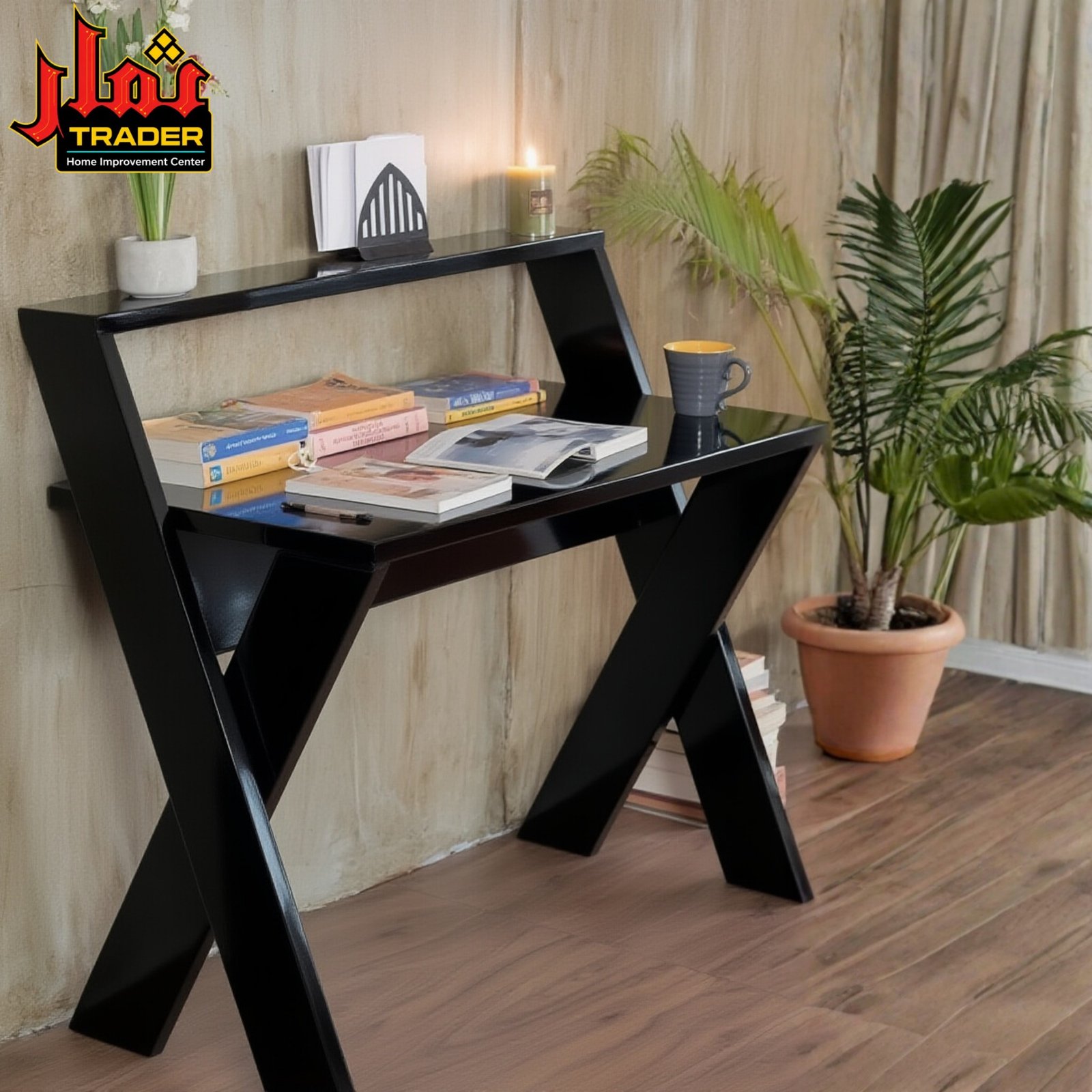 Rustic Wooden Study Table with Upper Shelf | Modern Writing Desk & Home Office Table Pakistan