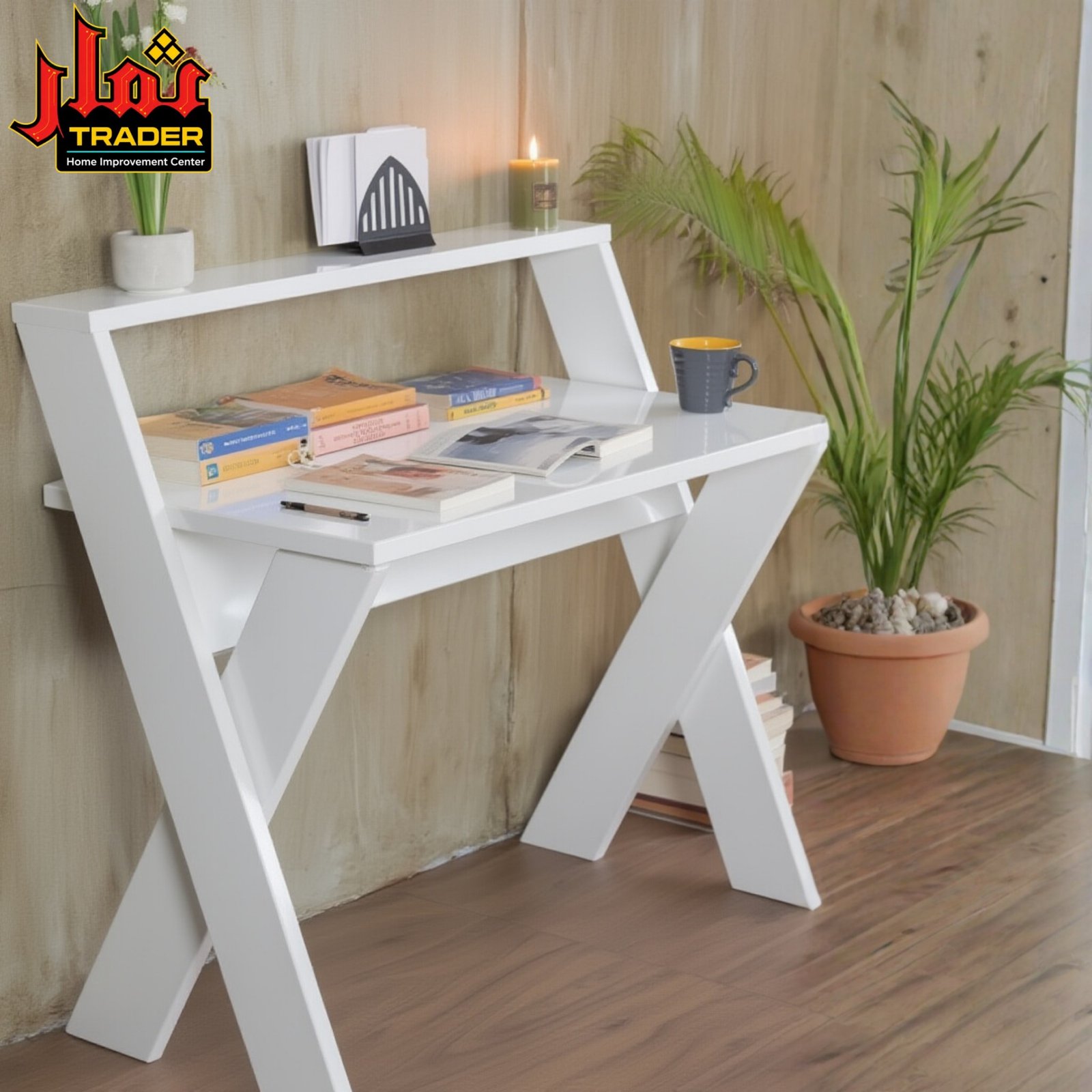 Rustic Wooden Study Table with Upper Shelf | Modern Writing Desk & Home Office Table Pakistan - Image 2