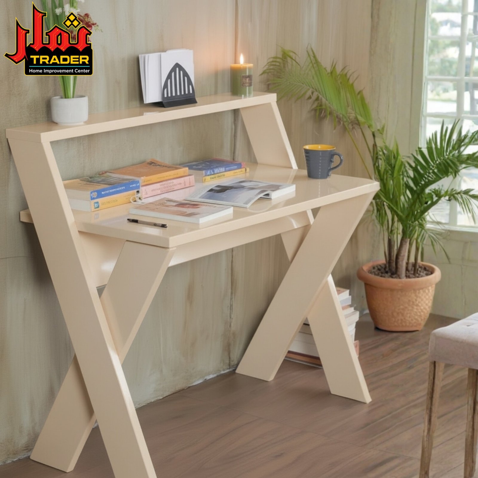 Rustic Wooden Study Table with Upper Shelf | Modern Writing Desk & Home Office Table Pakistan - Image 3