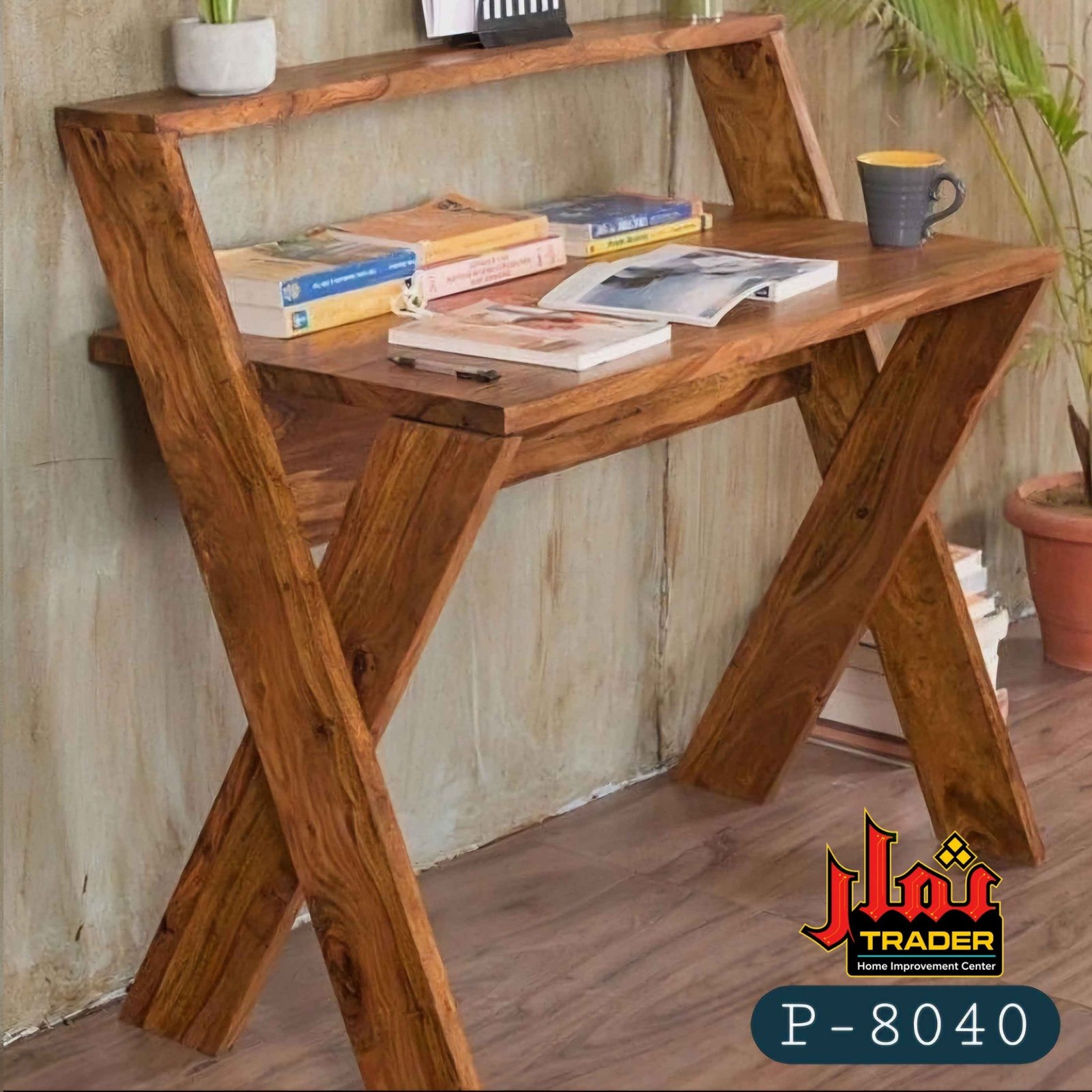 Rustic Wooden Study Table with Upper Shelf | Modern Writing Desk & Home Office Table Pakistan - Image 4