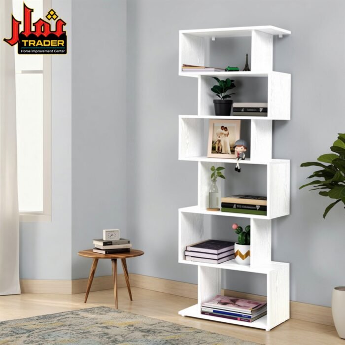 Modern White Bookshelf | Geometric Multi-Tier Display & Storage Rack