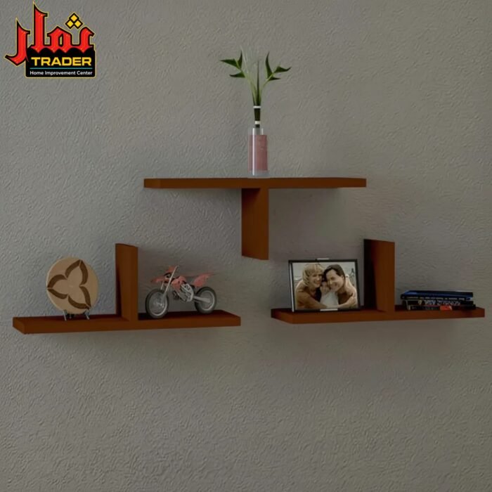 Modern Brown Wooden Wall Shelves Set | Decorative Floating Wall Rack for Home & Office