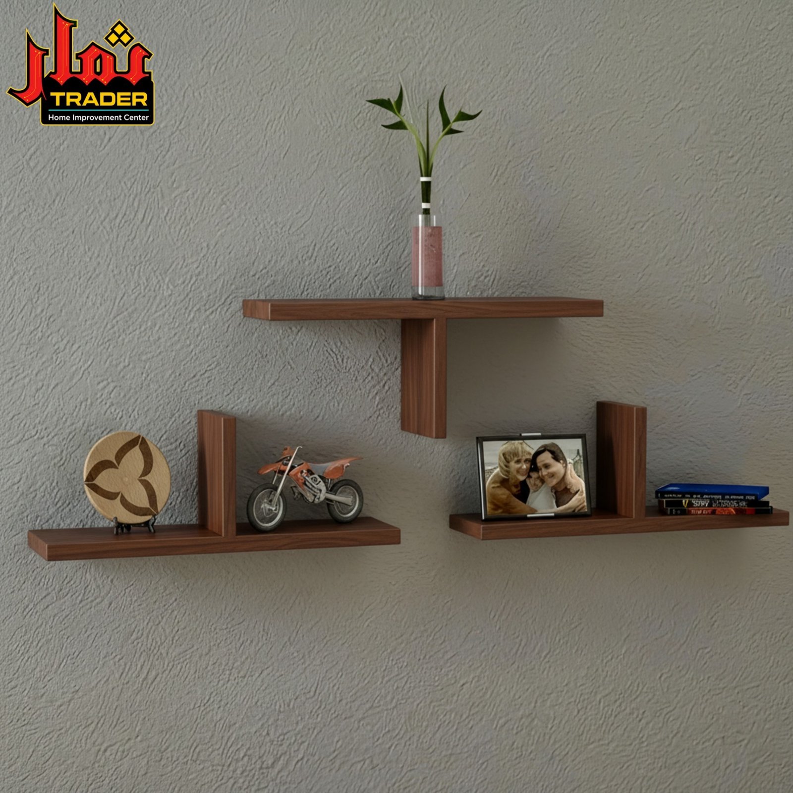 Modern Brown Wooden Wall Shelves Set | Decorative Floating Wall Rack for Home & Office - Image 3