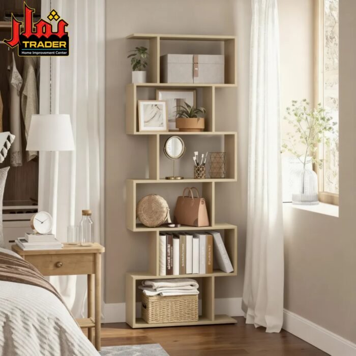 Modern Beige Bookshelf | Multi-Tier Geometric Display & Storage Rack