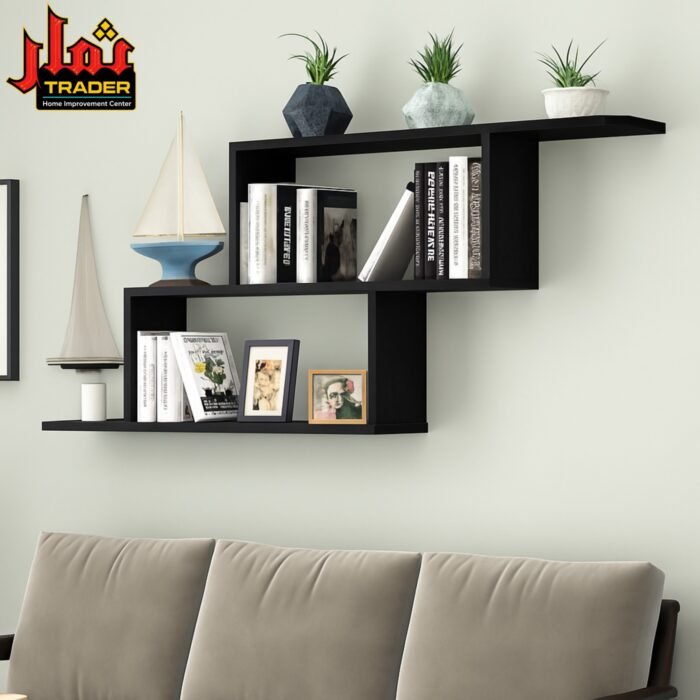 Modern Black Wall Mounted Shelf with Open Storage Compartments | Floating Display Shelf & Decor Rack Pakistan