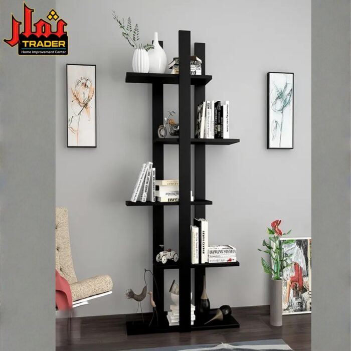 Modern Black Bookshelf | Tall Decorative Book Rack & Open Display Shelves