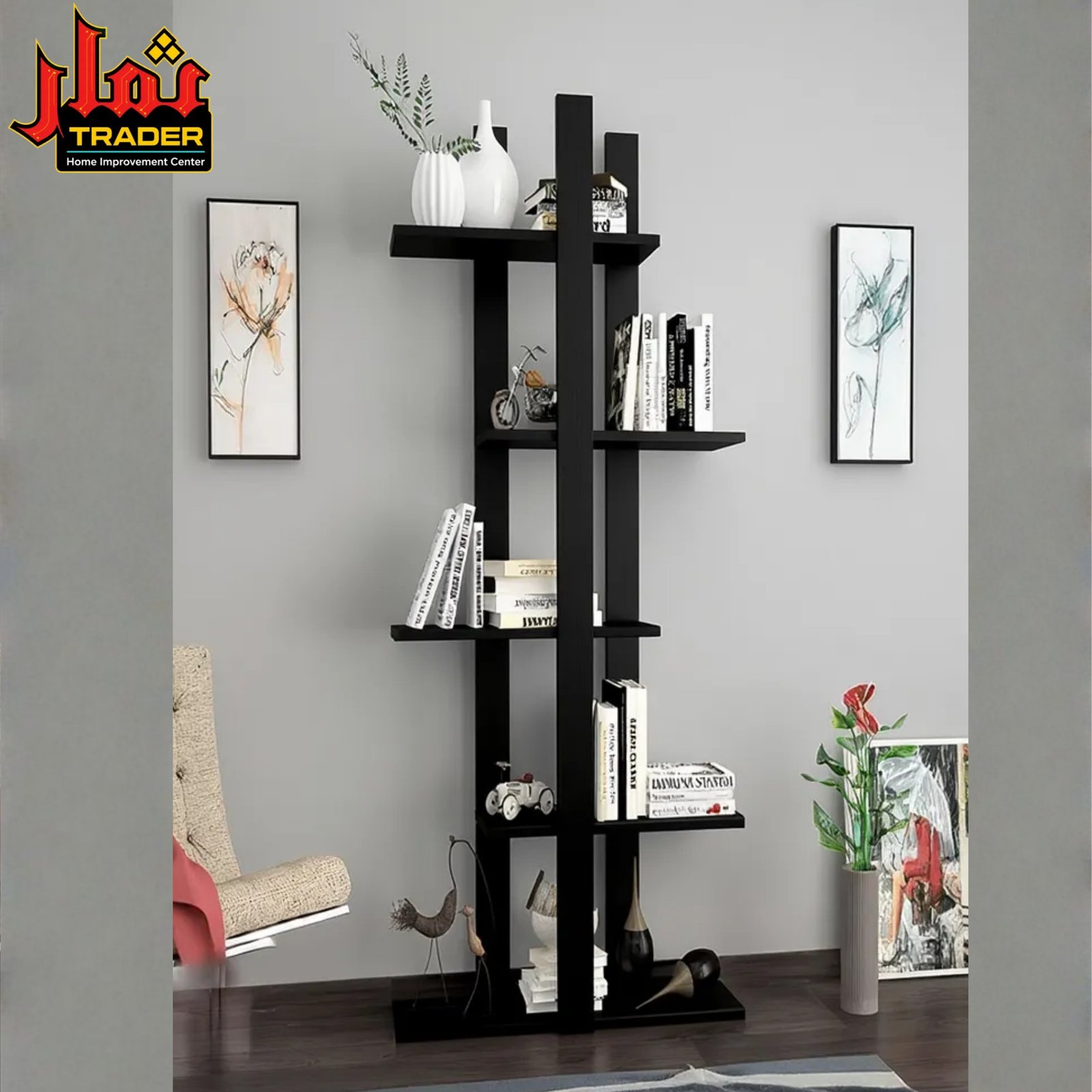 Modern Black Bookshelf | Tall Decorative Book Rack & Open Display Shelves