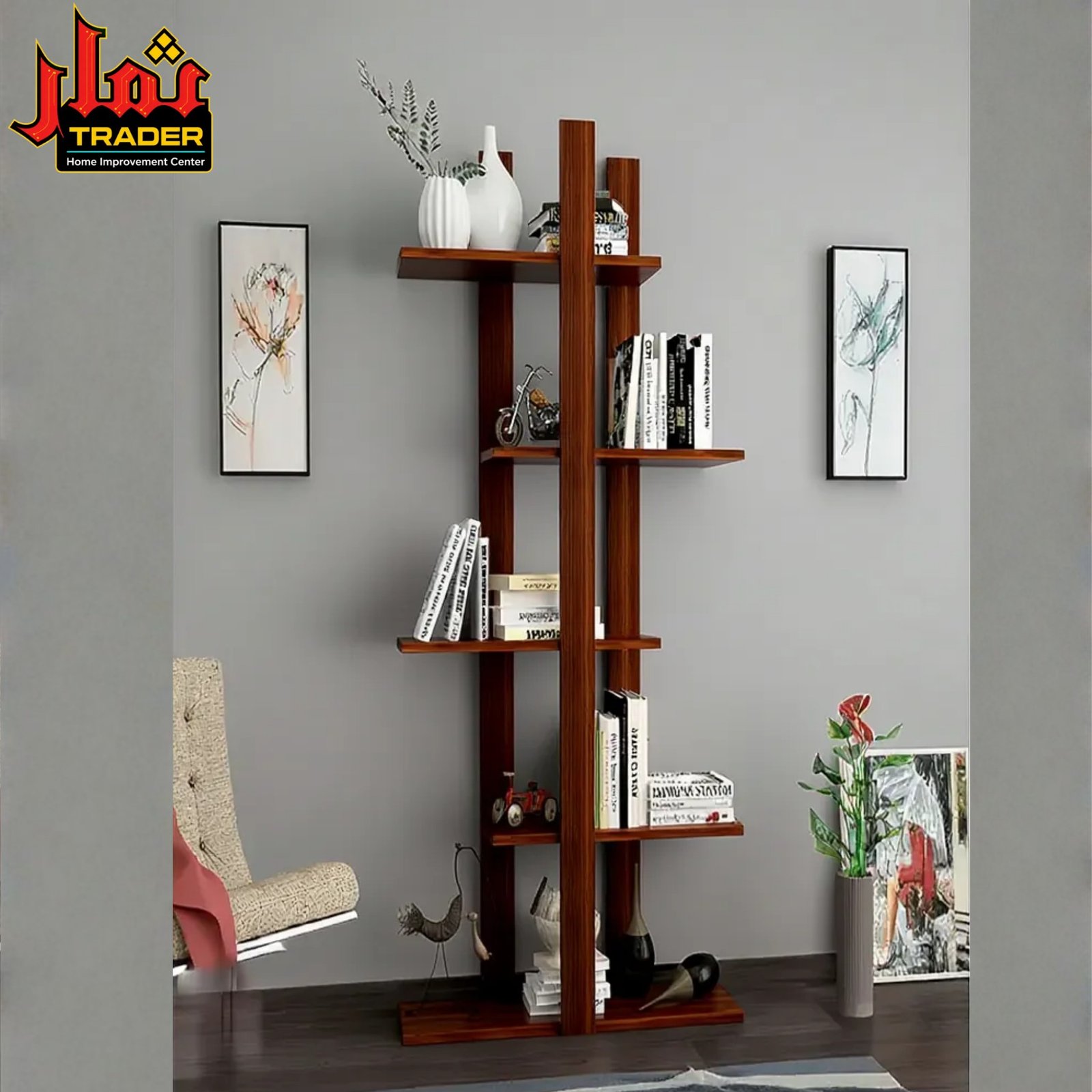 Modern Black Bookshelf | Tall Decorative Book Rack & Open Display Shelves - Image 3