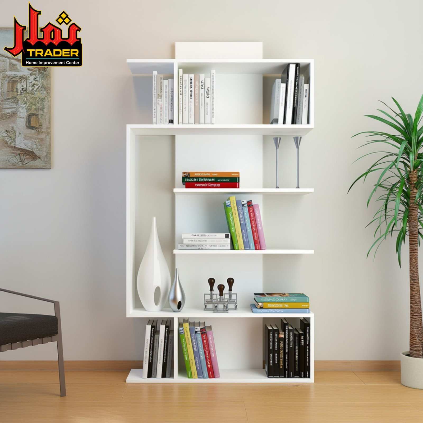 Modern White & Wood Bookshelf | Decorative Book Rack & Display Shelves - Image 2