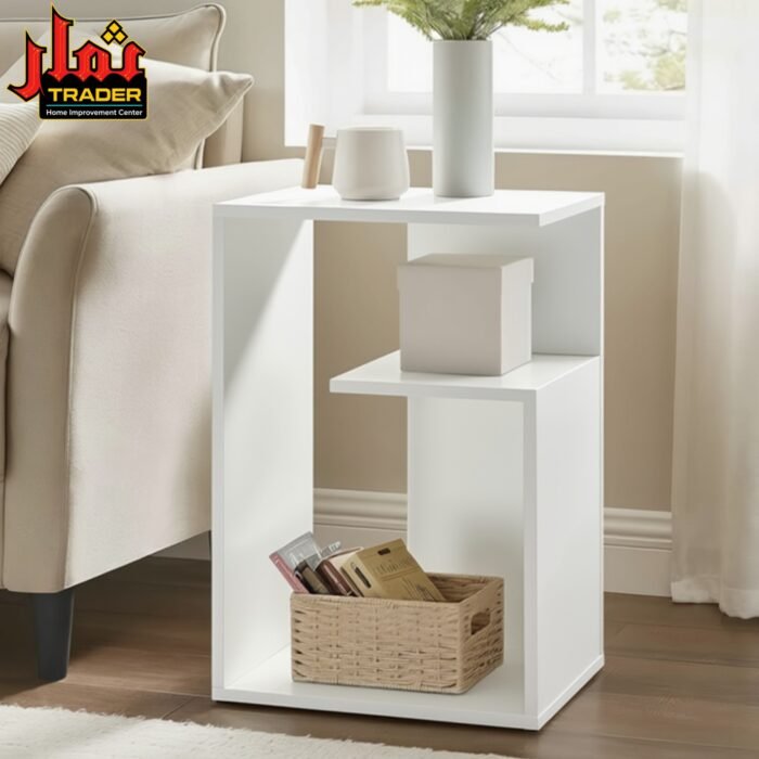 Modern Wooden Side Table with Open Shelves & Storage | White & Brown Sofa End Table for Living Room Pakistan