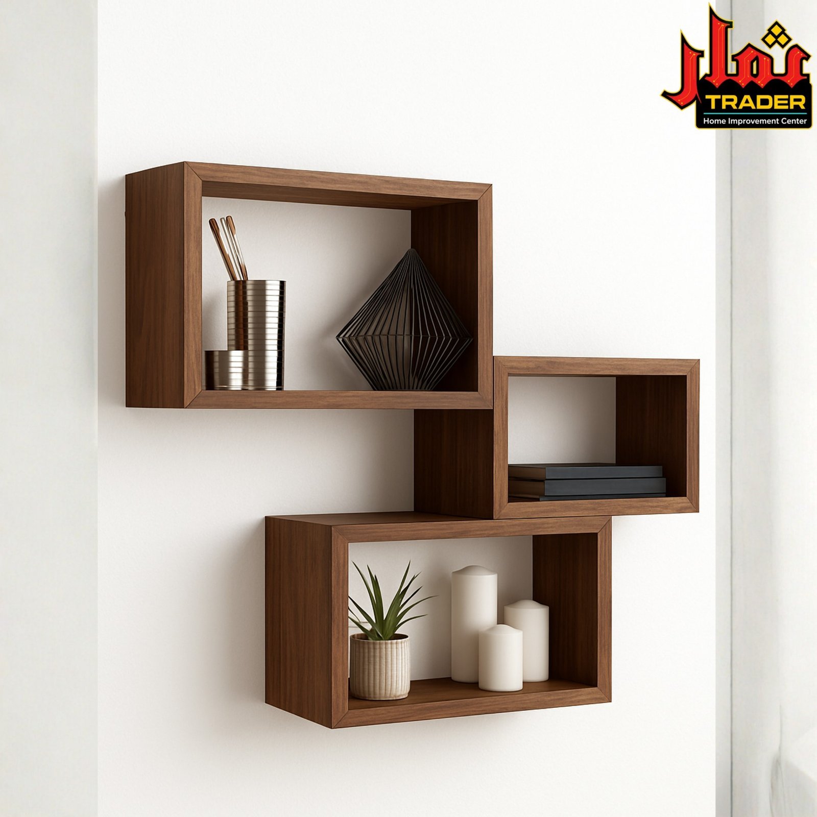 Modern Brown Wooden Box Wall Shelves Set | Decorative Floating Wall Rack for Home & Office - Image 4