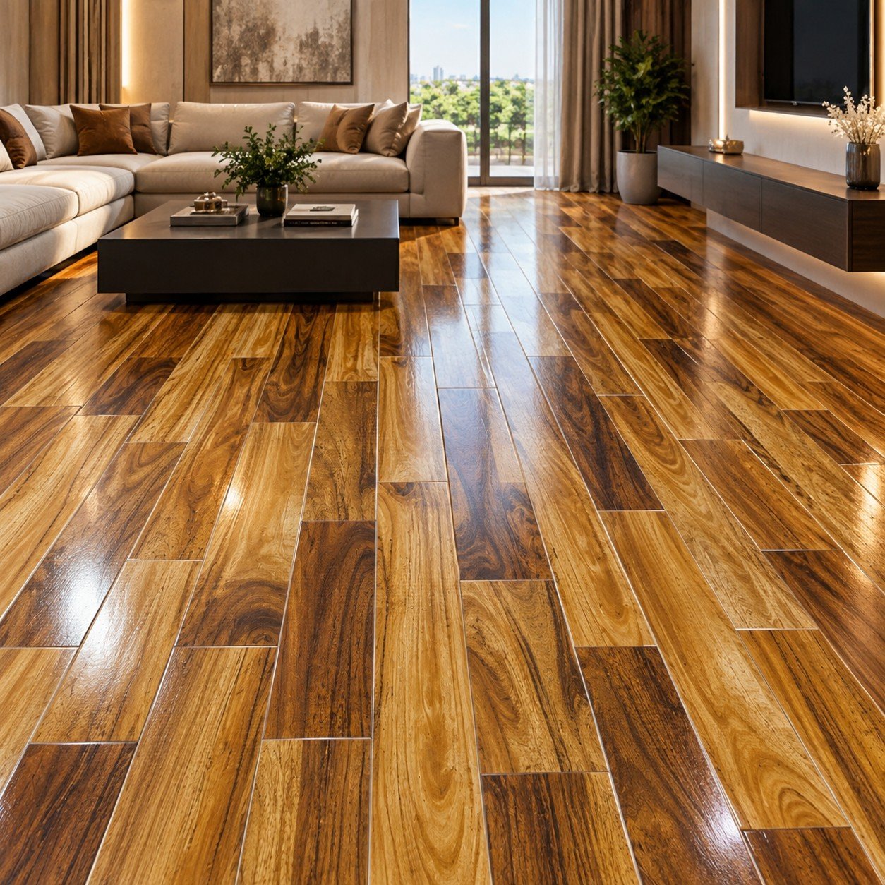Premium 3-Strip Wood Flooring – Golden Brown Finish - Image 2