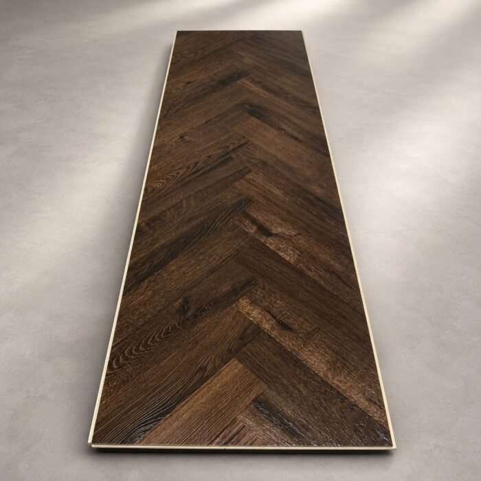 Premium Dark Brown Herringbone Wooden Flooring – Rustic Wood Finish