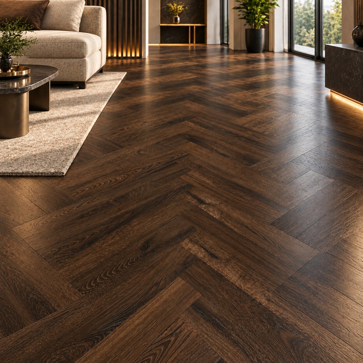 Premium Dark Brown Herringbone Wooden Flooring – Rustic Wood Finish - Image 2