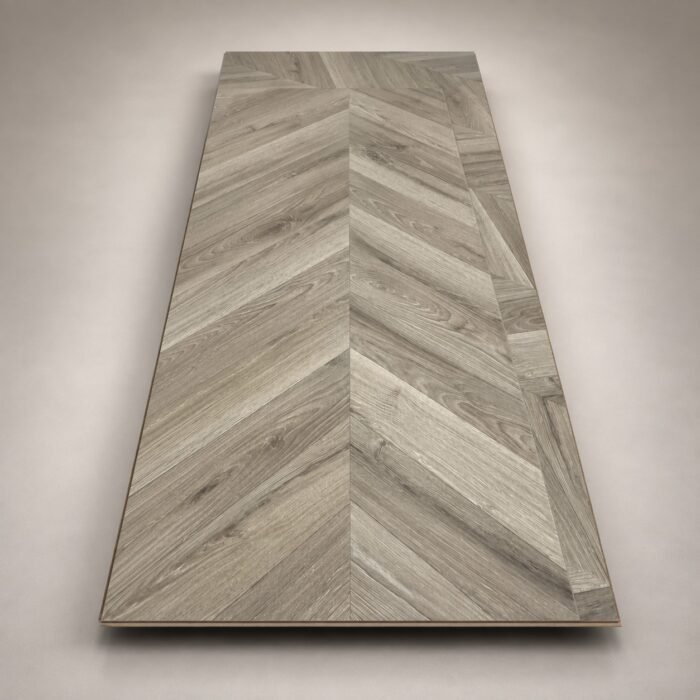 Premium Light Grey Herringbone Wooden Flooring – Modern Wood Grain Finish | Herringbone Flooring Pakistan